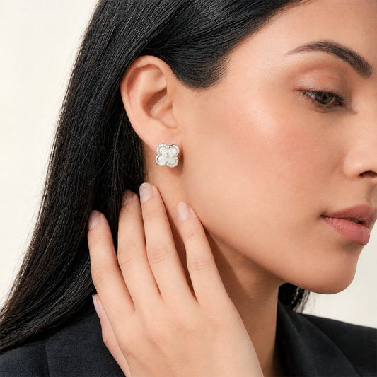 Silver Tone Clover Mother of Pearl Stud Earrings for Women
