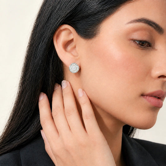 Silver Tone Floral Baguette Stone Stud Earrings for Women
