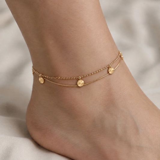 Gold Tone Double Layer Coin Anklet for Women