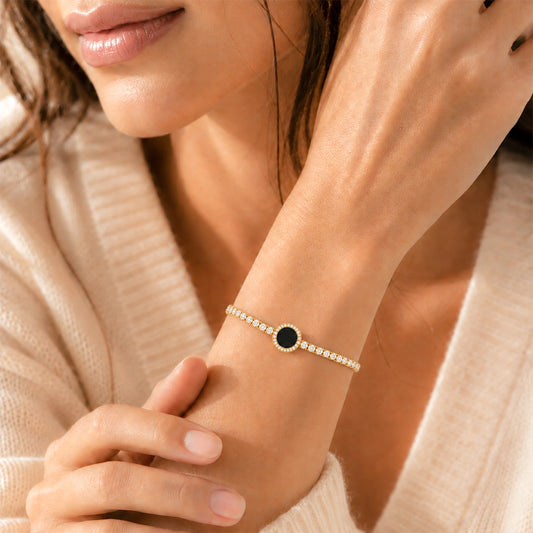 Black Onyx Style Gold Plated Tennis Bracelet for Women
