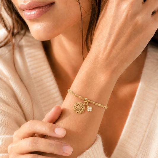 Floral Charm Gold Plated Rope Chain Bracelet for Women