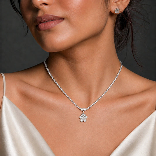 Silver Floral Crystal Pendant Necklace for Women