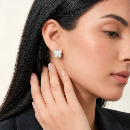 Silver Tone Clover Mother of Pearl Stud Earrings for Women
