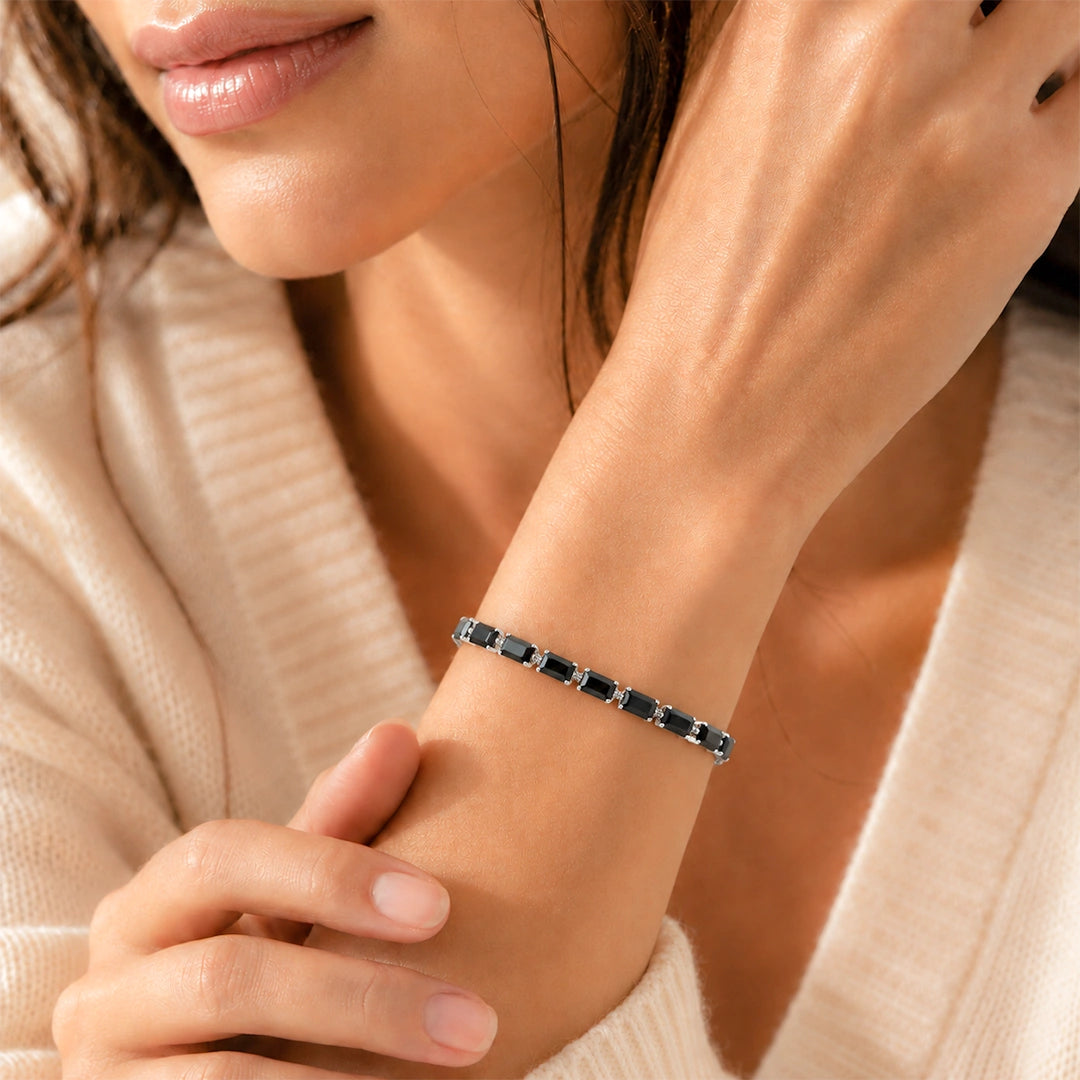 Black Rectangular Stone Silver Tone Tennis Bracelet for Women