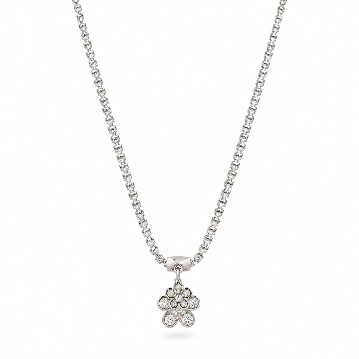 Silver Floral Crystal Pendant Necklace for Women