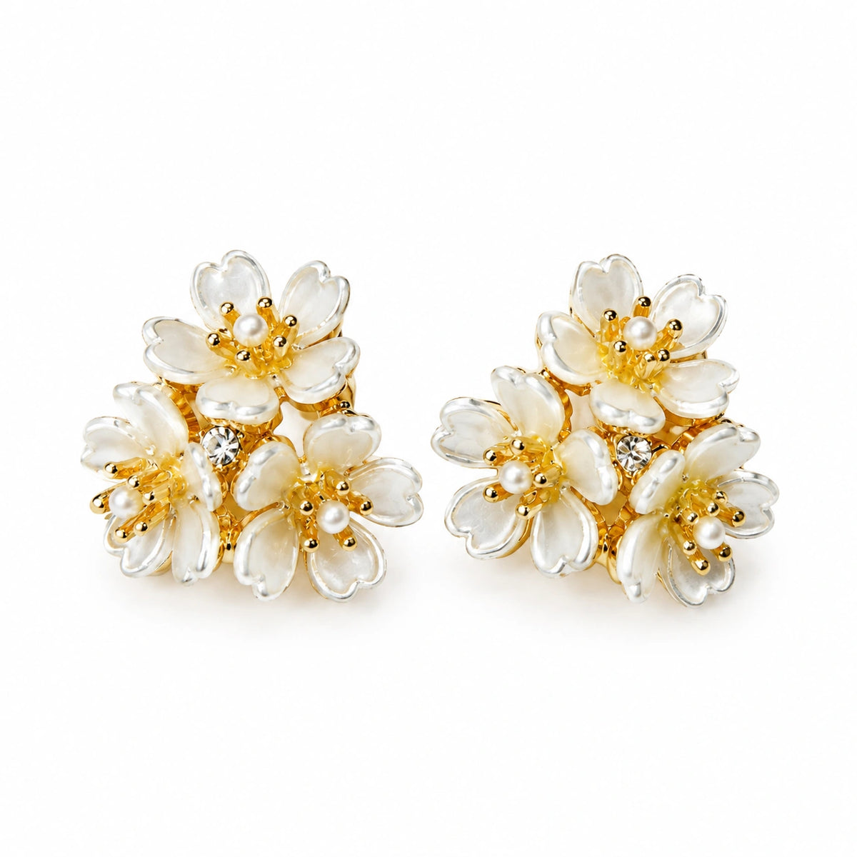Gold Tone White Floral Pearl Cluster Stud Earrings for Women