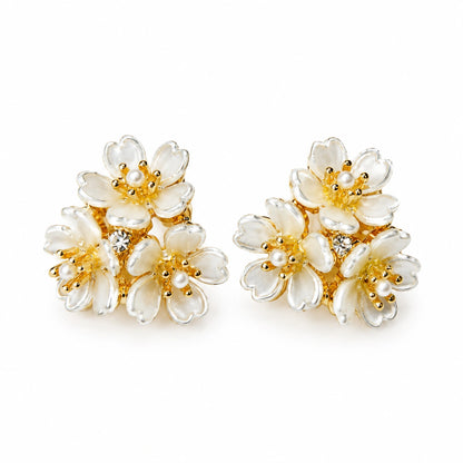 Gold Tone White Floral Pearl Cluster Stud Earrings for Women