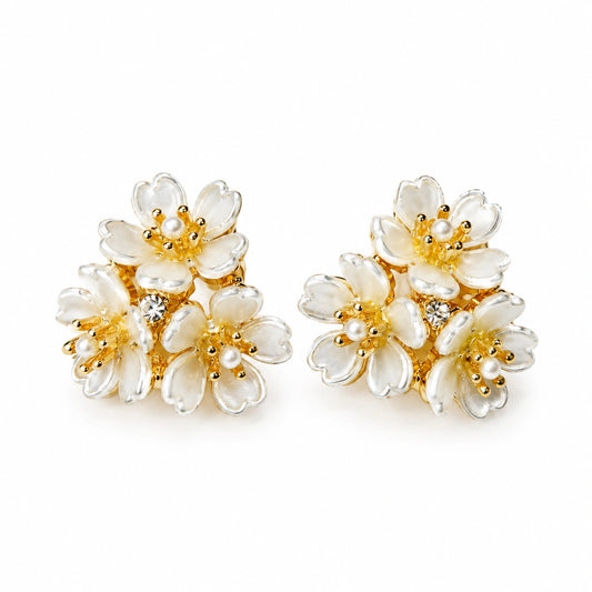 Gold Tone White Floral Pearl Cluster Stud Earrings for Women