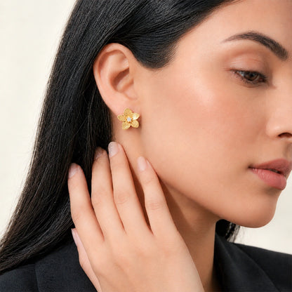 Gold Tone Floral Crystal Stud Earrings for Women