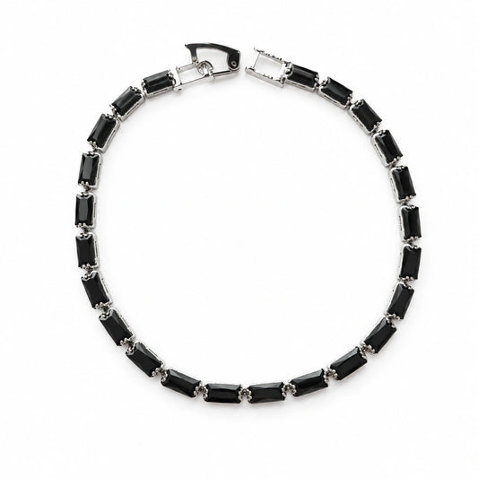 Black Rectangular Stone Silver Tone Tennis Bracelet for Women