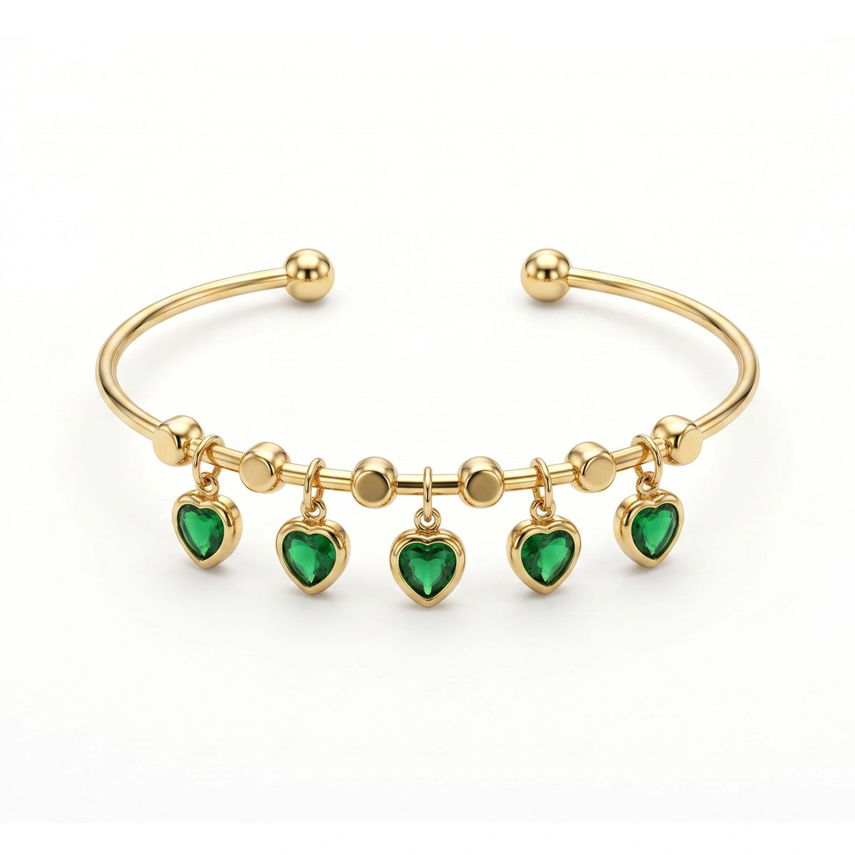 Gold Tone Green Heart Charm Kada Bracelet for Women