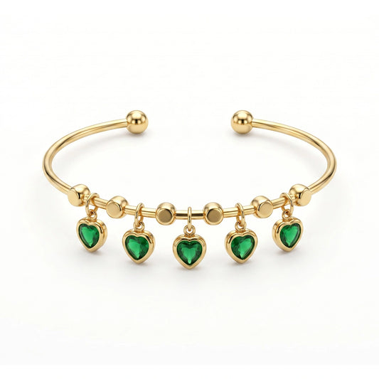 Gold Tone Green Heart Charm Kada Bracelet for Women