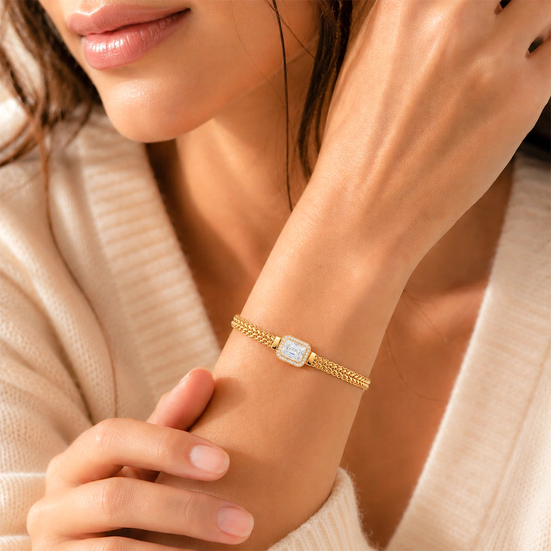 Emerald-Cut Stone Gold Plated Chain Bracelet for Women
