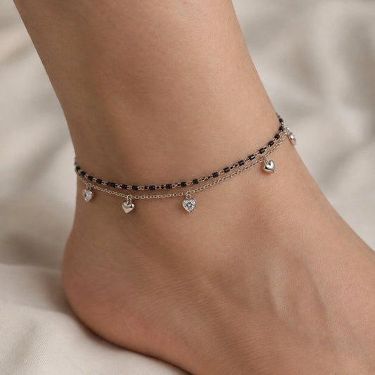 Black Beaded Double Layer Heart Charm Anklet for Women