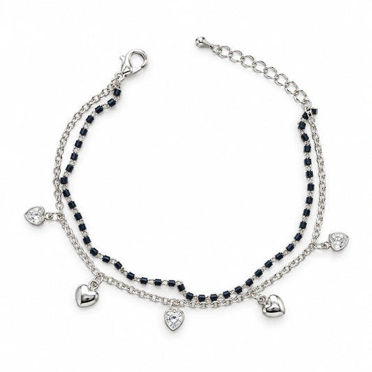 Black Beaded Double Layer Heart Charm Anklet for Women