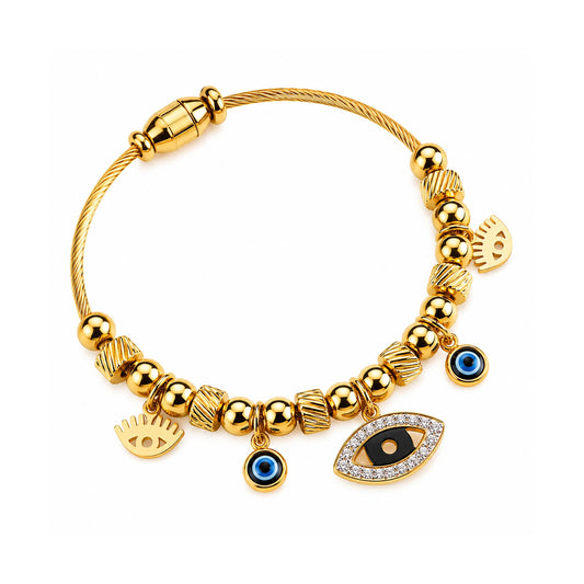 Gold Tone Evil Eye Charm Beaded Bracelet for Women