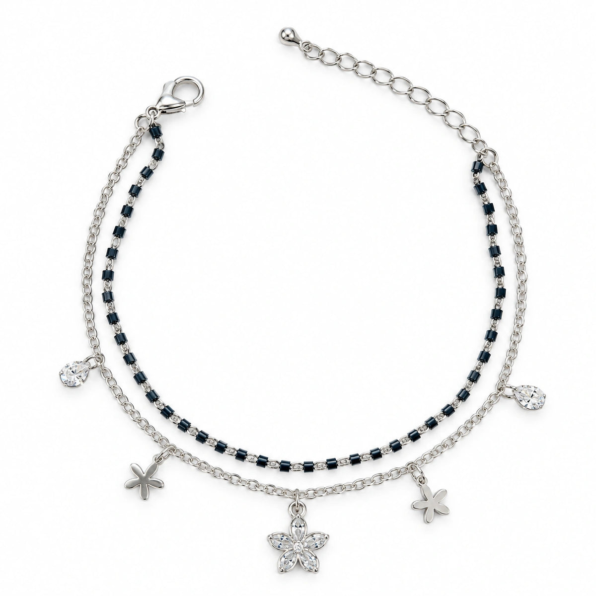 Black Beaded Floral Charm Double Layer Anklet for Women