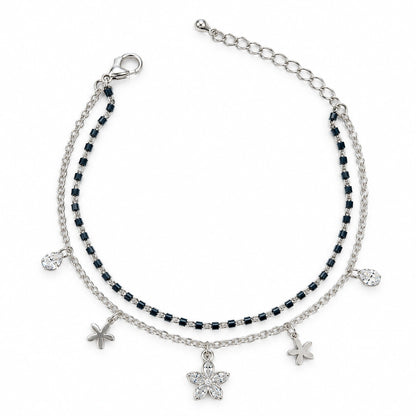 Black Beaded Floral Charm Double Layer Anklet for Women