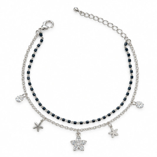 Black Beaded Floral Charm Double Layer Anklet for Women
