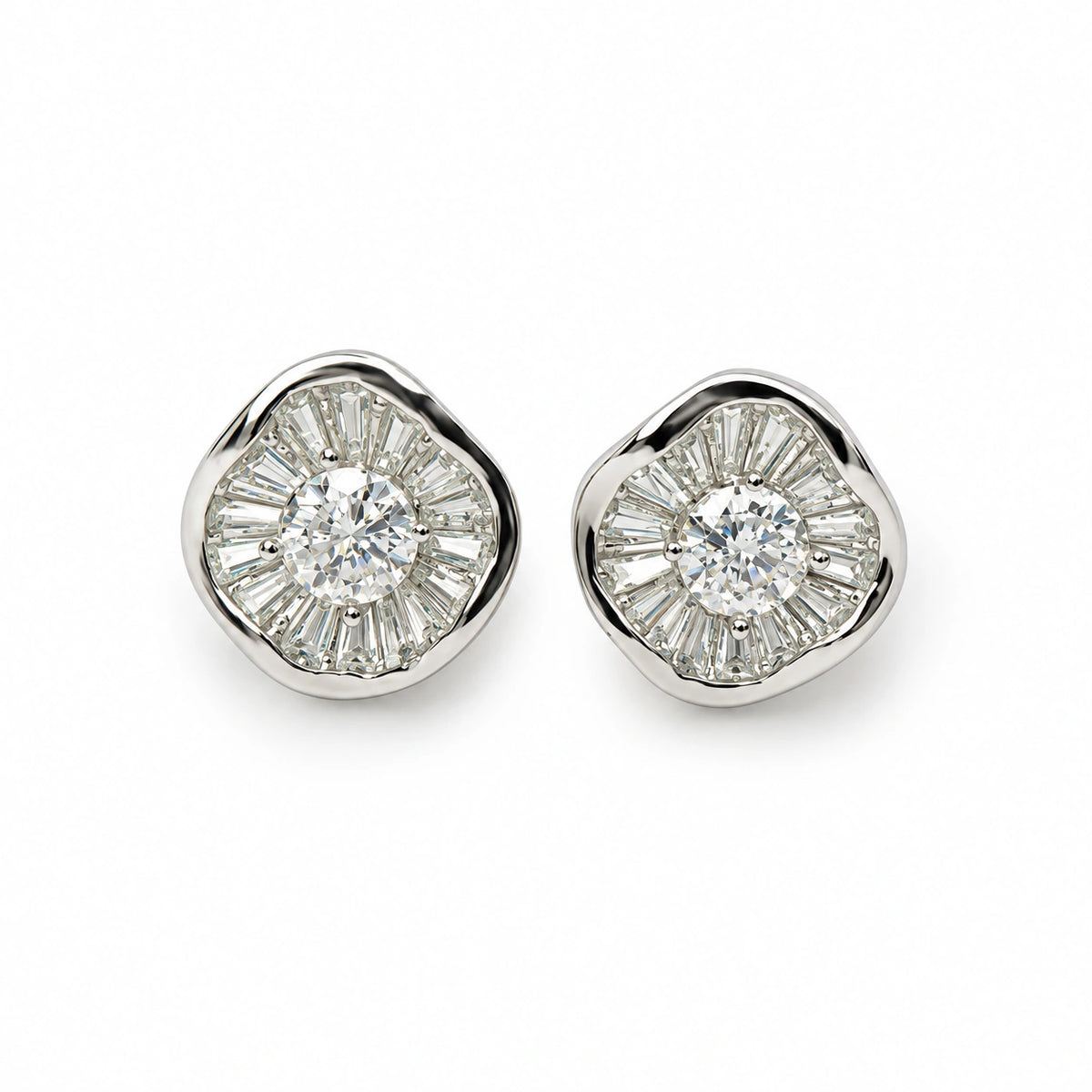 Silver Tone Floral Baguette Stone Stud Earrings for Women