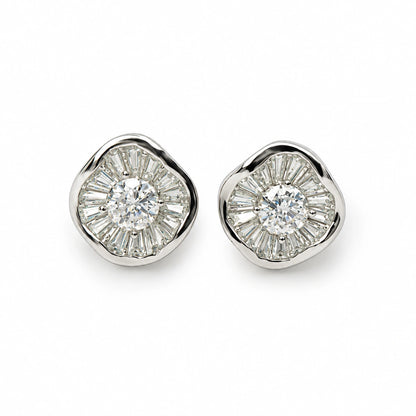 Silver Tone Floral Baguette Stone Stud Earrings for Women