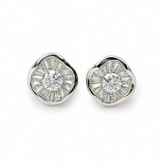 Silver Tone Floral Baguette Stone Stud Earrings for Women