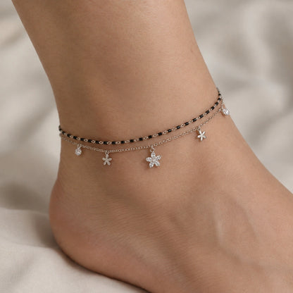 Black Beaded Floral Charm Double Layer Anklet for Women