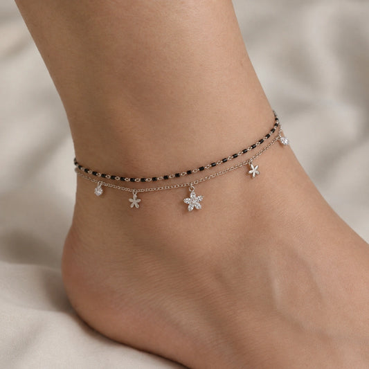 Black Beaded Floral Charm Double Layer Anklet for Women