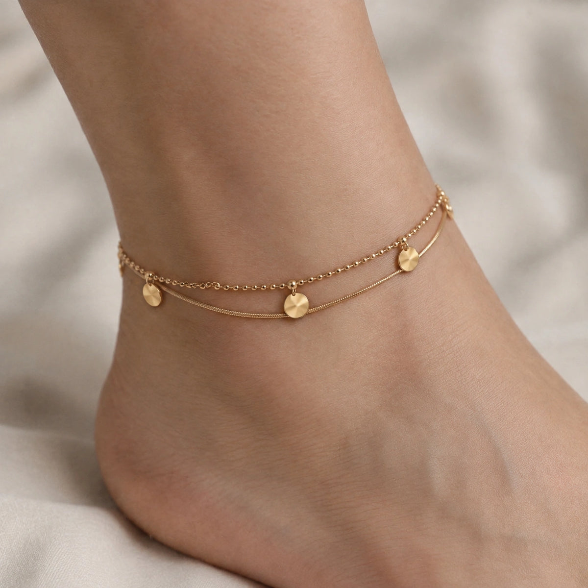 Gold Tone Double Layer Coin Anklet for Women