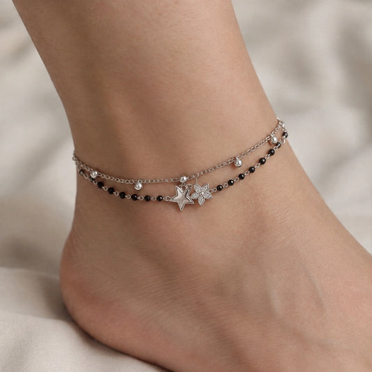 Silver Tone Black Beaded Star & Floral Layered Necklace for Women
