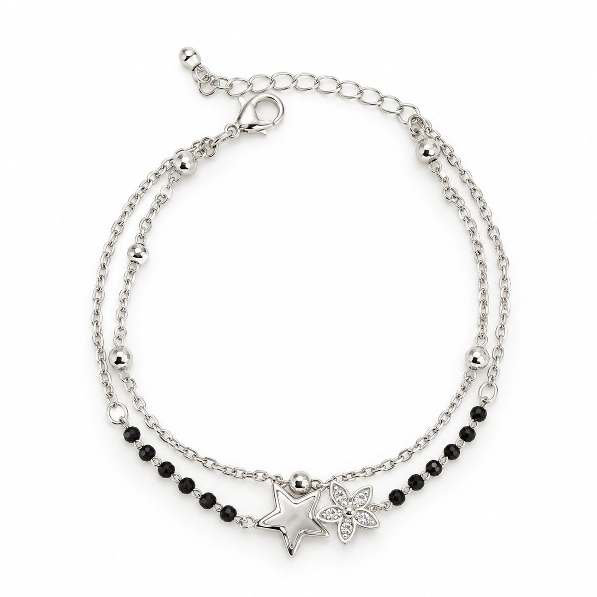 Silver Tone Black Beaded Star & Floral Layered Necklace for Women