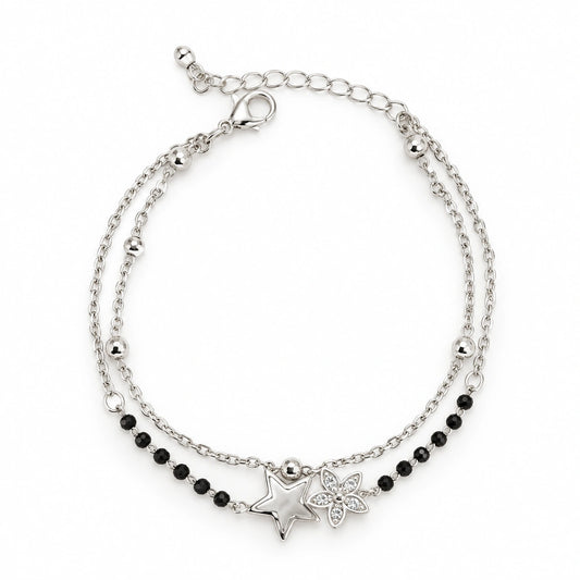 Silver Tone Black Beaded Star & Floral Layered Necklace for Women