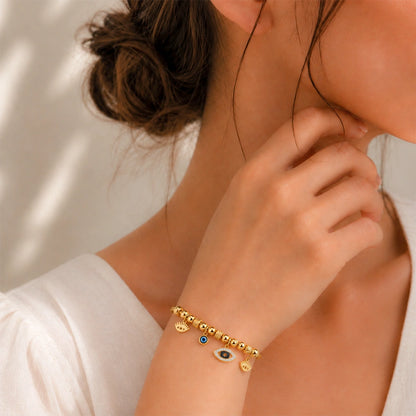 Gold Tone Evil Eye Charm Beaded Bracelet for Women