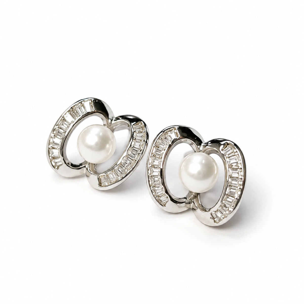Silver Tone Pearl Heart Stud Earrings for Women