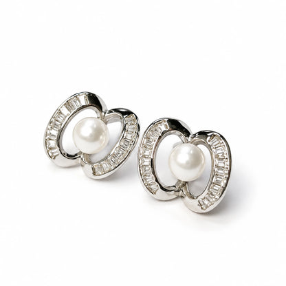 Silver Tone Pearl Heart Stud Earrings for Women