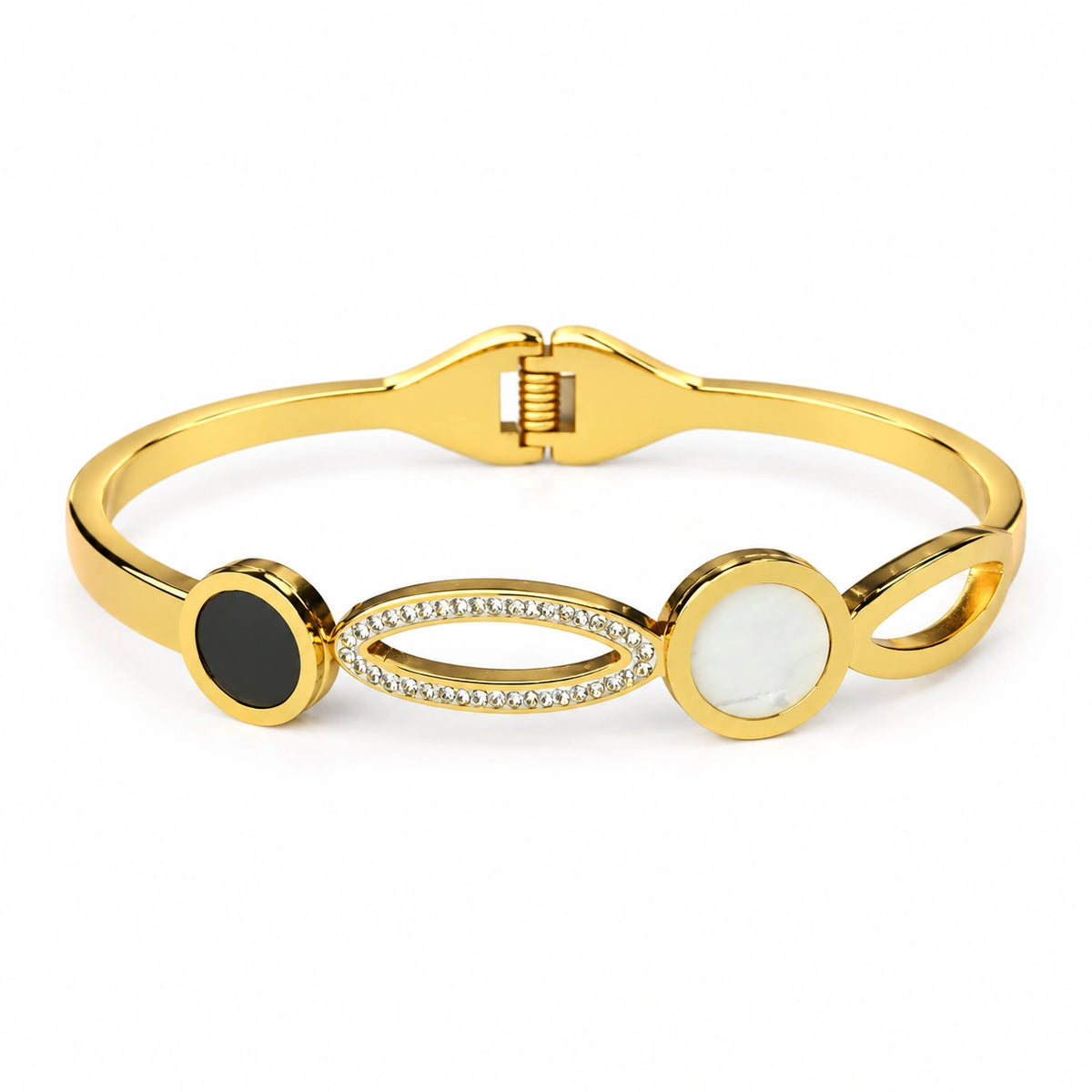 Gold Tone Open Circle & Black Accent Kada Bracelet for Women