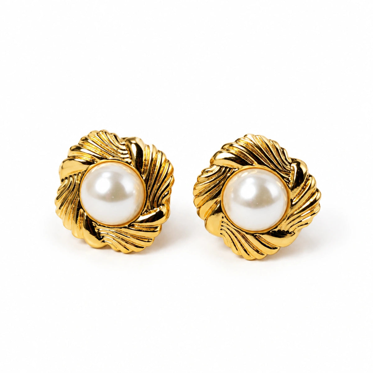 Gold Tone Pearl Floral Stud Earrings for Women