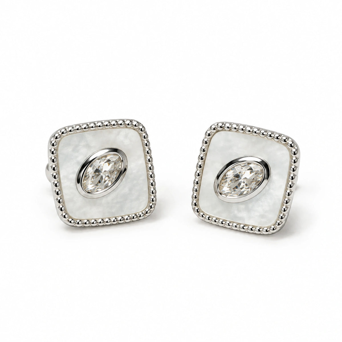 Silver Tone Square Pearl Finish Stone Stud Earrings for Women