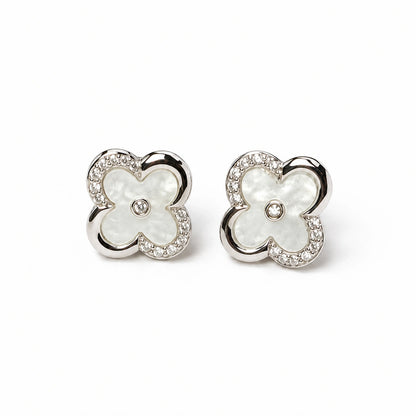 Silver Tone Clover Mother of Pearl Stud Earrings for Women