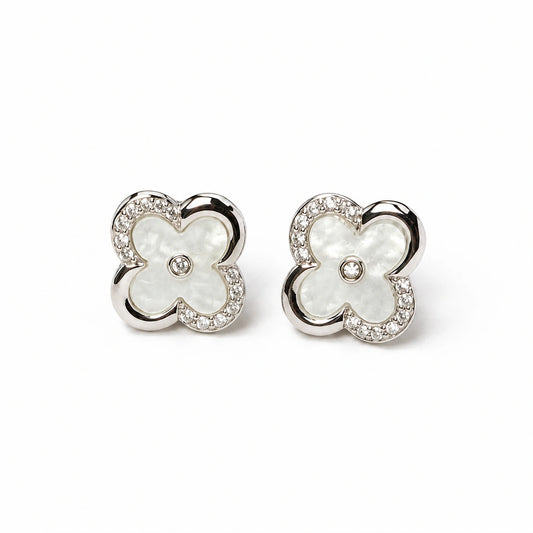 Silver Tone Clover Mother of Pearl Stud Earrings for Women