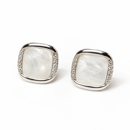 Silver Tone Square Mother of Pearl Stud Earrings for Women