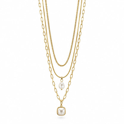 Golden Layered Square Charm Necklace for Women