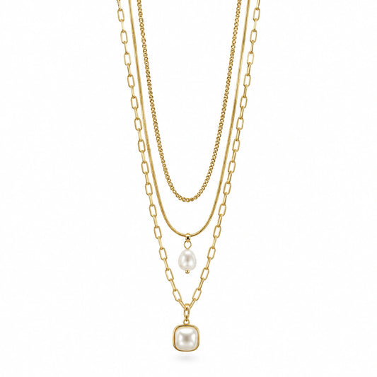 Golden Layered Square Charm Necklace for Women