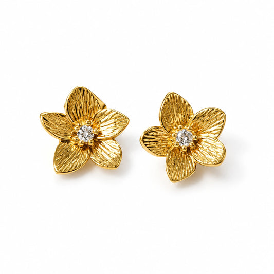 Gold Tone Floral Crystal Stud Earrings for Women