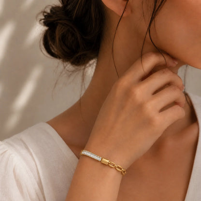 Gold Tone Geometric Link White Stone Bracelet for Women