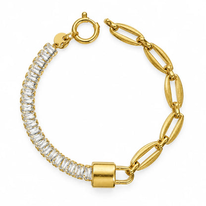 Gold Tone Geometric Link White Stone Bracelet for Women