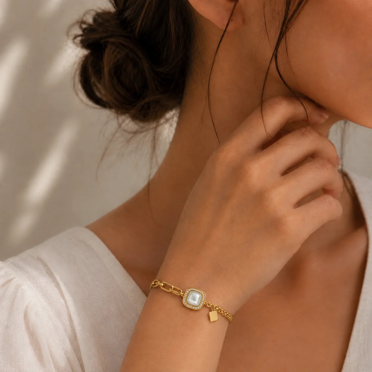 Gold Tone Square White Stone Charm Bracelet for Women