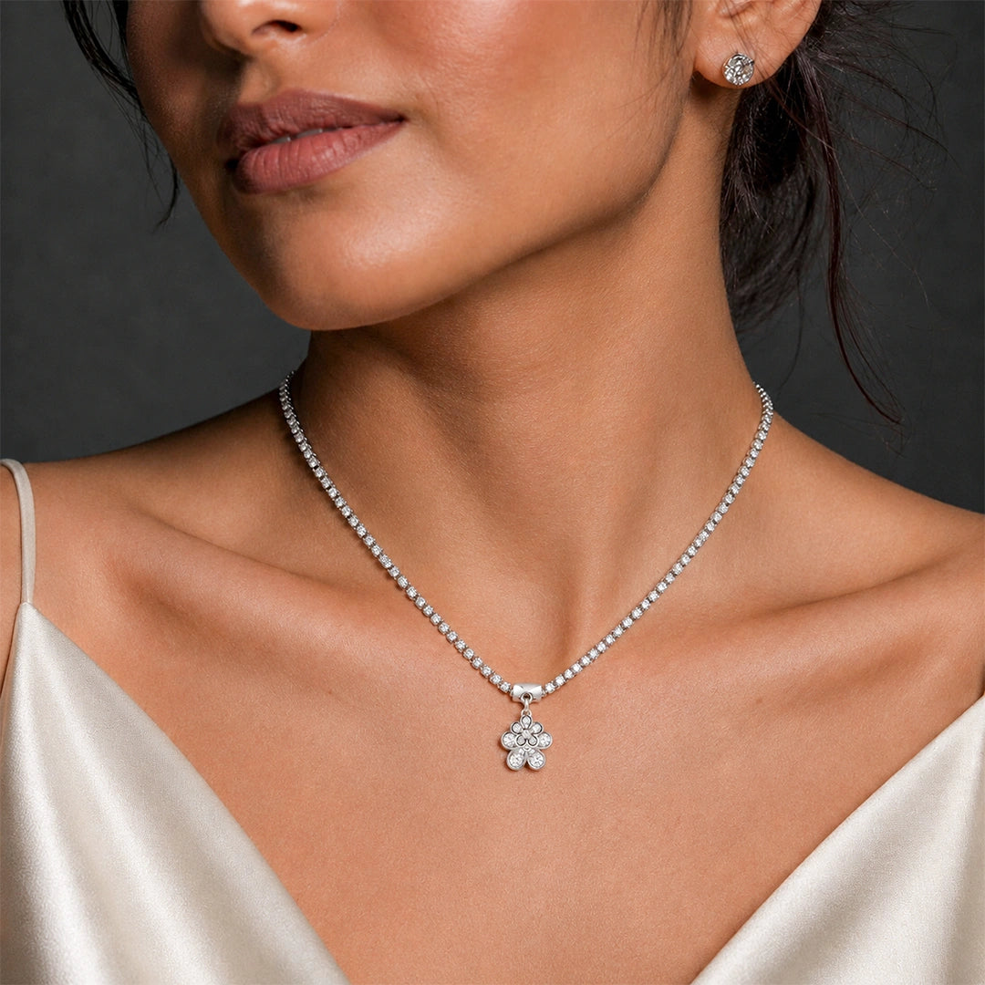 Silver Floral Crystal Pendant Necklace for Women