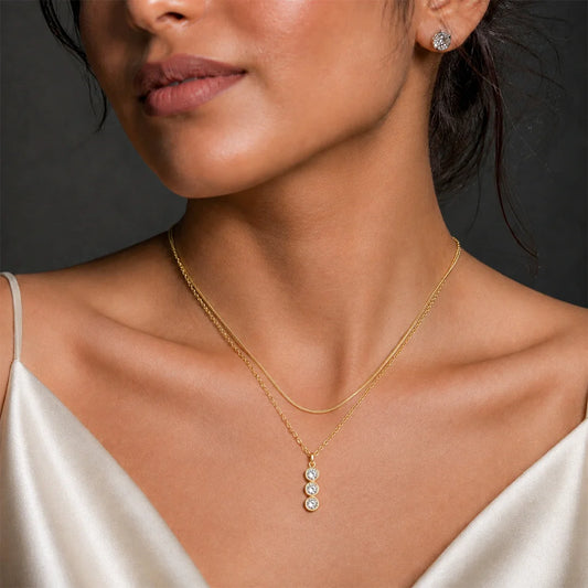 Gold Tone Triple Charm Drop Pendant Necklace for Women
