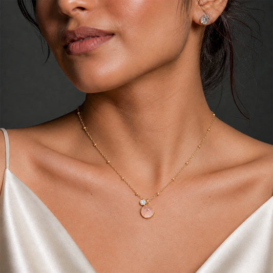 Golden Pink Stone Pendant Necklace for Women